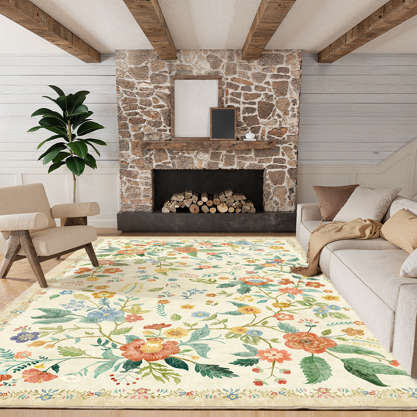5'x7' Boho Area Rugs for Living Room, Machine Washable Stain Resistant Non-Shed Carpet, Area Rug with Non-Slip Backing for Bedroom, Dining Room, Dorm, Office