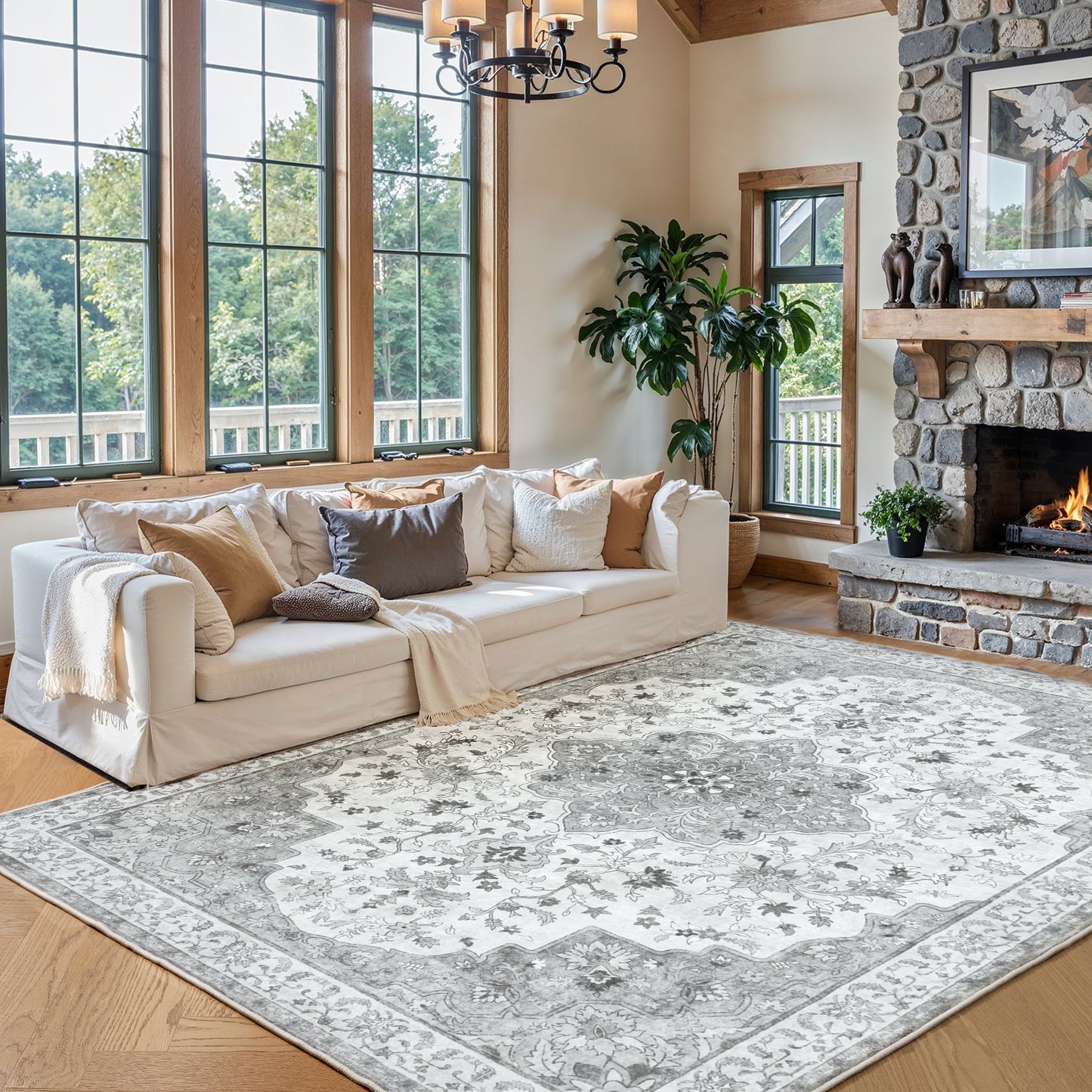 9'x12' Boho Area Rugs for Living Room, Machine Washable Area Rug with Non-Slip Backing, Stain Resistant Non-Shed Carpet for Bedroom, Dining Room, Dorm, Office