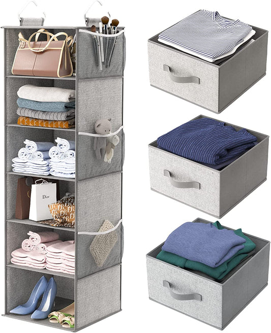 6-Shelf Hanging Closet Organizer with 3 Removable Drawers & Side Pockets Hanging Shelf Organizer for Closet, 11.4''W x 12''D x 43.3''H