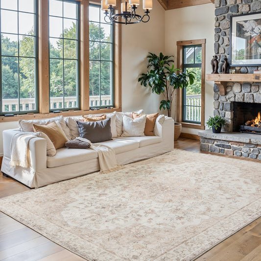 9'x12' Boho Area Rugs for Living Room, Machine Washable Area Rug with Non-Slip Backing, Stain Resistant Non-Shed Carpet for Bedroom, Dining Room, Dorm, Office