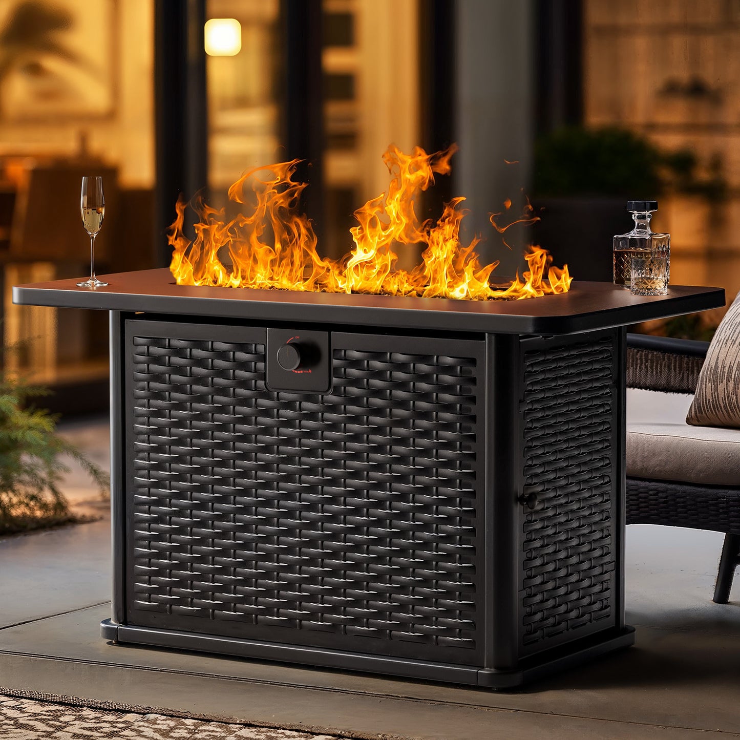 43" Rectangular Propane Gas Fire Pit Table with Glass Rocks for Patio & Garden, Black Outdoor Fireplace with Lid & Lava Rocks