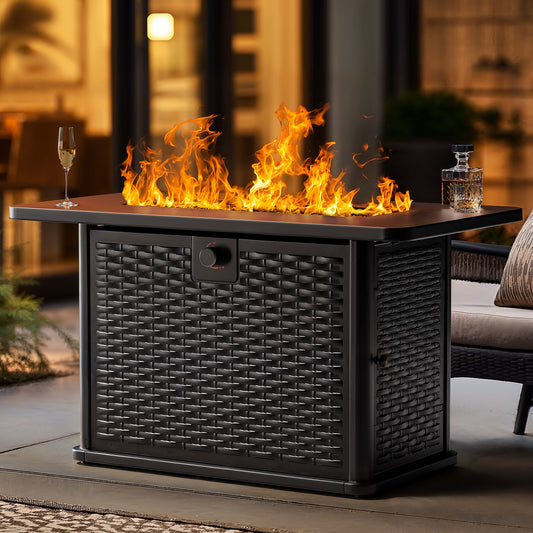 43" Rectangular Propane Gas Fire Pit Table with Glass Rocks for Patio & Garden, Black Outdoor Fireplace with Lid & Lava Rocks