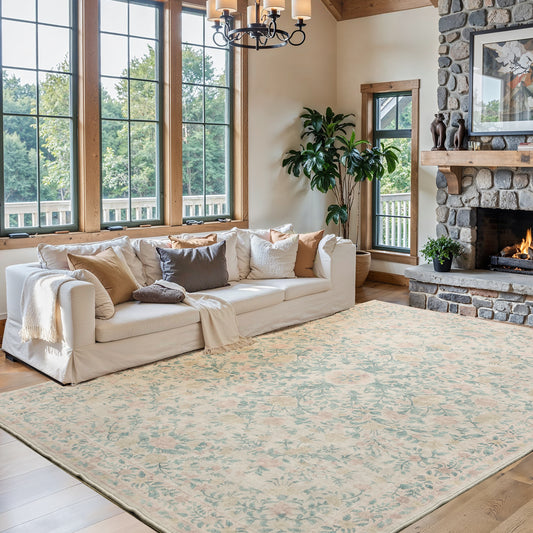 9'x12' Boho Area Rugs for Living Room, Machine Washable Area Rug with Non-Slip Backing, Stain Resistant Non-Shed Carpet for Bedroom, Dining Room, Dorm, Office