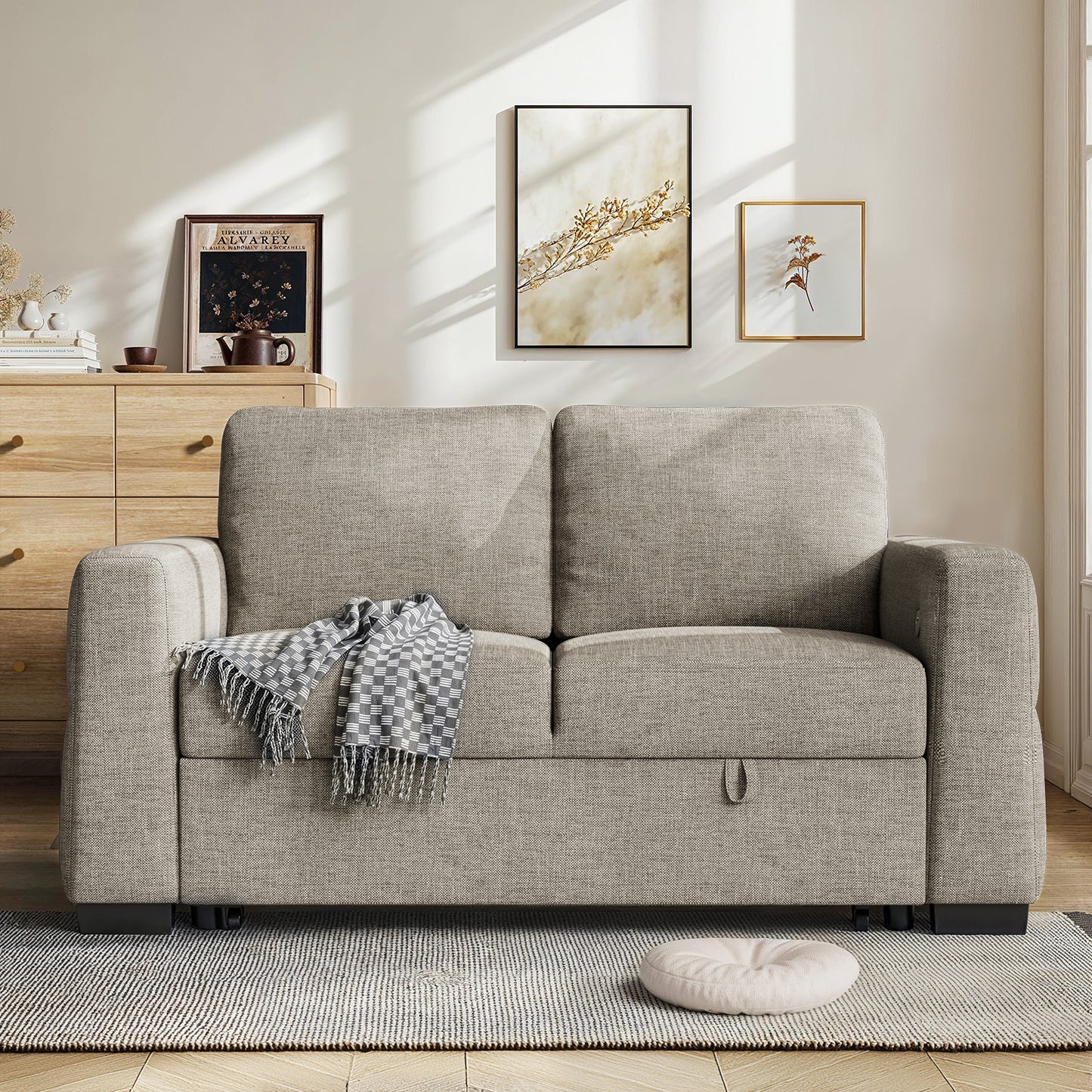 CHITOOMA 60'' Linen Pull Out Sofa Bed Convertible Sleeper Couch with Charging Port, Upholstered Sectional Sofa with 2 Pillows, Reclining Sofas for Living Room, Beige