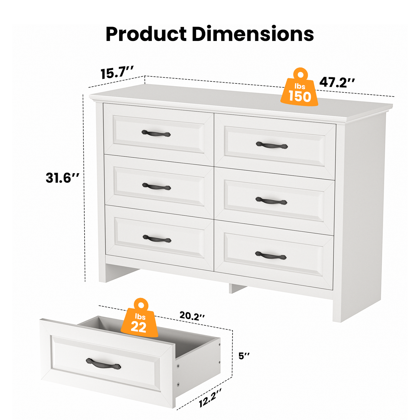 Farmhouse 6 Drawer Dresser for Bedroom, 47.2" Wide Double Dresser with Large Drawers, Wooden Chest of Drawers for Living Room, Hallway, Entryway, Nursery Room, White