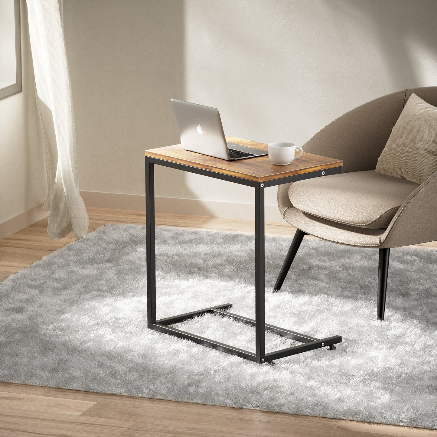 C Shaped Metal Sofa Side End Table Side Table TV Tray Table for Sofa,Couch Table,Bedroom(Rustic Brown)
