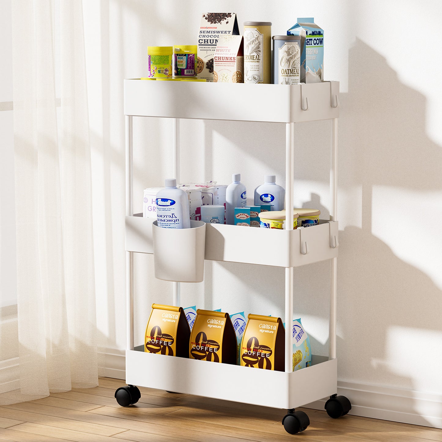 3 Tier Removable Slim Storage Cart with Wheels, Bathroom Cart Organizer Small, Rolling Cart for Bathroom, Kitchen, Narrow Space, White