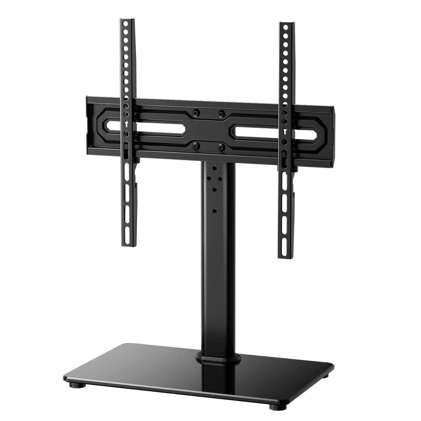 MountFTV Swivel Universal TV Stand Mount TV Stand for 27"-75" TVs Adjustable Height Table Top TV Stand Base Glass with Tray,Hold up to 100Lbs,Max 600x400mm