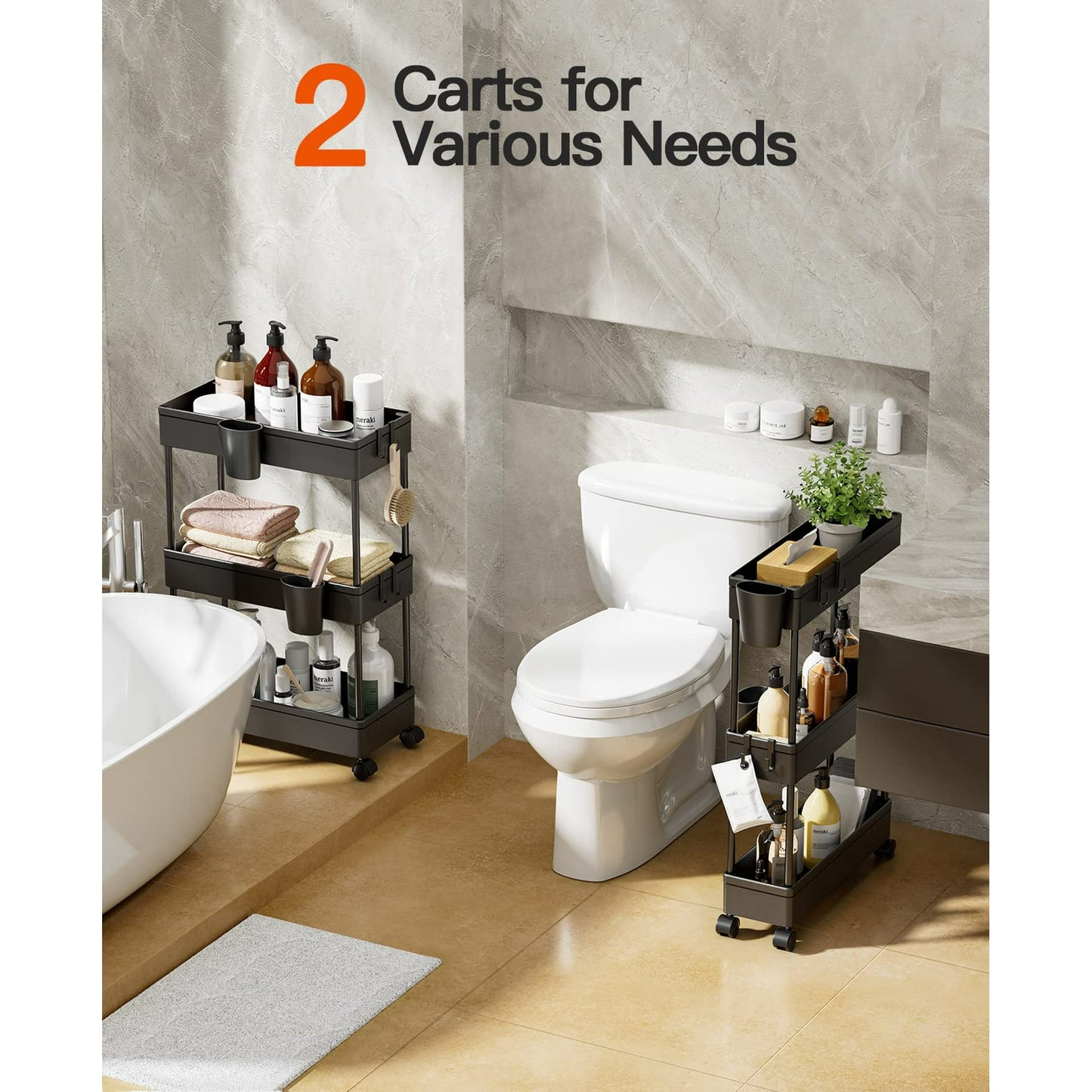 2 Pack 3 Tier Removable Slim Storage Rolling Cart Bathroom Organizer with Hanging Cups & Hooks for Home Bathroom, Kitchen(Black)
