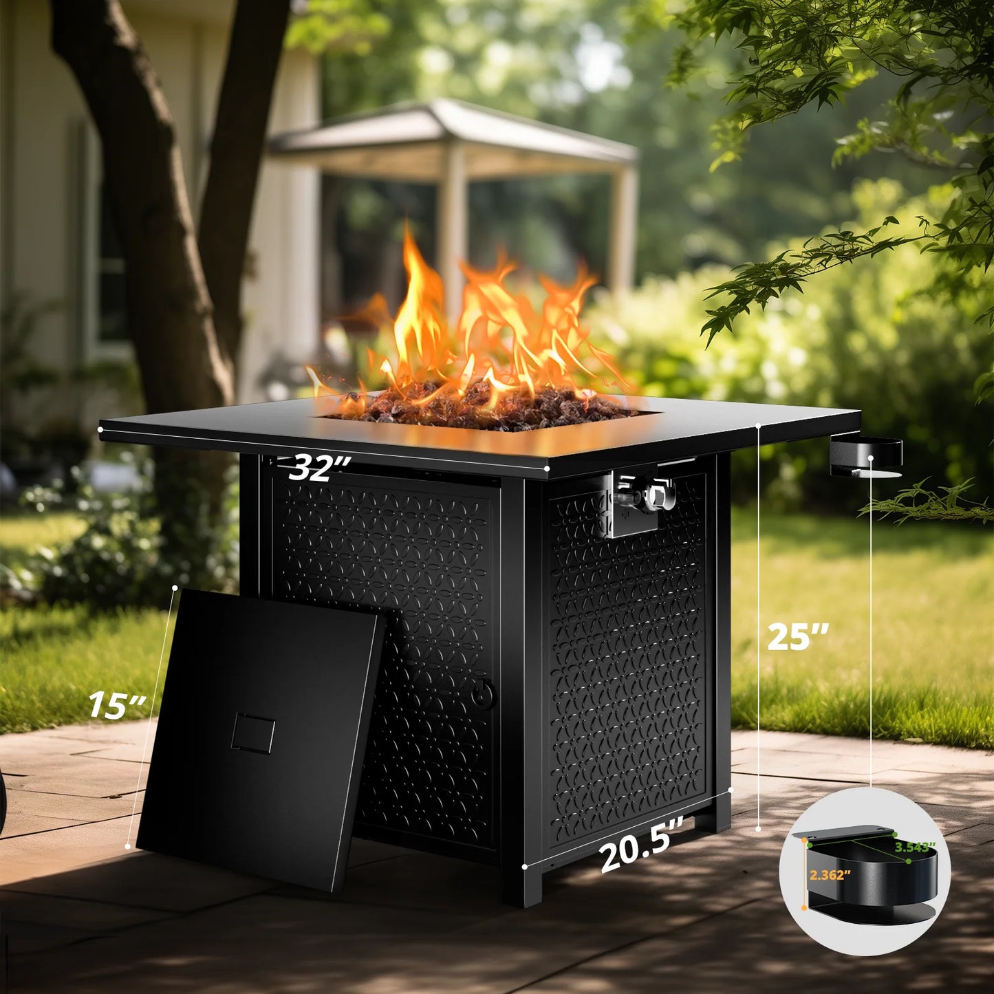 32" Gas Fire Pits with Lid and Lava Rock for Outside 50,000 BTU Propane Fire Pit Table, Black