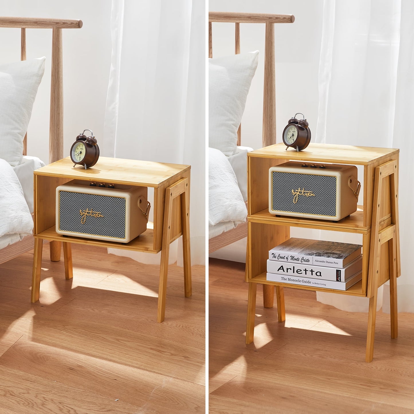 Bamboo Stackable End Tables, Wood Living Room Nightstand, Bedside Tables for Bedroom Storage, Versatile End Table, Rustic Nightstand, Set of 2