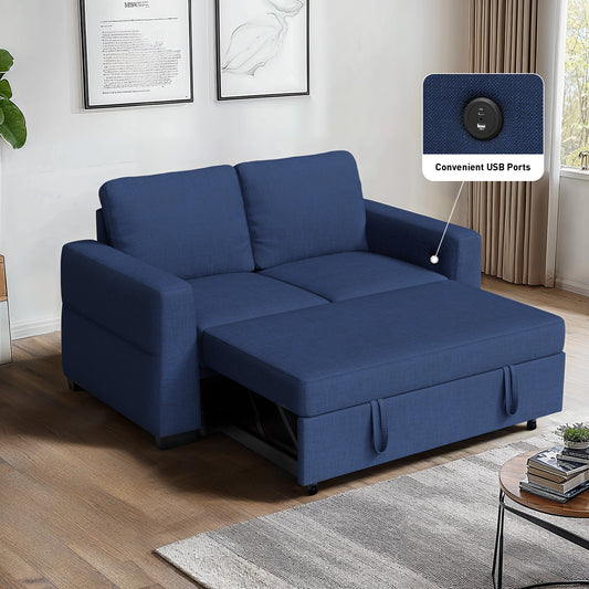 CHITOOMA 60'' Linen Pull Out Sofa Bed Convertible Sleeper Couch with Charging Port, Upholstered Sectional Sofa with 2 Pillows, Reclining Sofas for Living Room, Blue