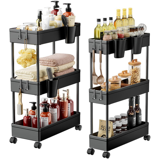 2 Pack 3 Tier Removable Slim Storage Rolling Cart Bathroom Organizer with Hanging Cups & Hooks for Home Bathroom, Kitchen(Black)