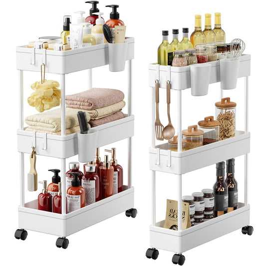 2 Pack 3 Tier Removable Slim Storage Rolling Cart Bathroom Organizer with Hanging Cups & Hooks for Home Bathroom, Kitchen(White)