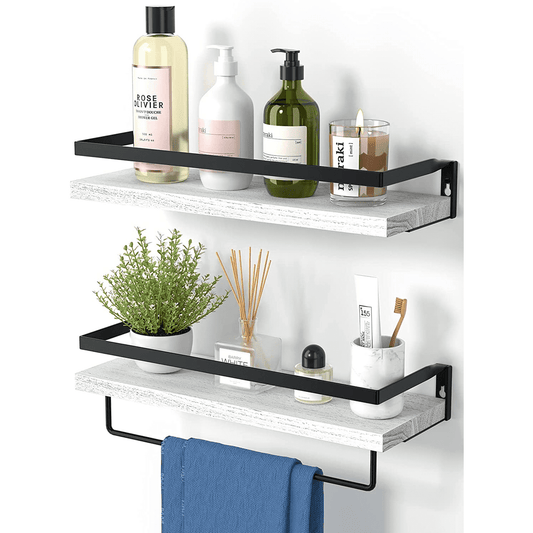 2 Pack Wall Decor Wood Rustic Floating Shelves, Storage Shelves with Towel Bar for Bathroom, Kitchen, Bedroom, Living Room