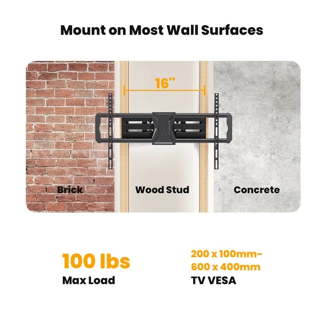 MountFTV Full Motion TV Wall Mount Bracket for 37-75 inch LED LCD OLED Curved TVs Monitors, Dual Articulating Extension Arms Tilt Swivel TV Wall Mount , Max 600x400mm, Holds up to 100lbs