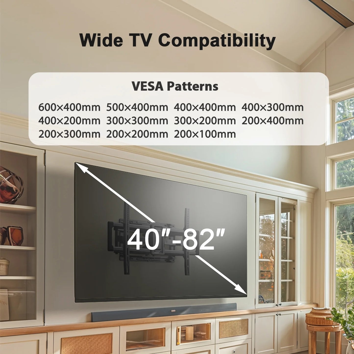 MountFTV Full Motion TV Wall Mount Bracket for 40–82 Inch Flat Curved TVs, 12″/16″ Wood Studs, Max 600 x 400mm, Holds up to 110lbs