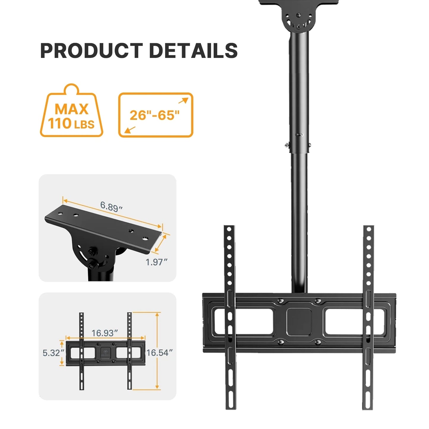 Full Motion Ceiling Mount TV Bracket for 26"-65" Flat TV, Holds up to 110 lbs, Mounting Holes 100x100mm to 400x400mm