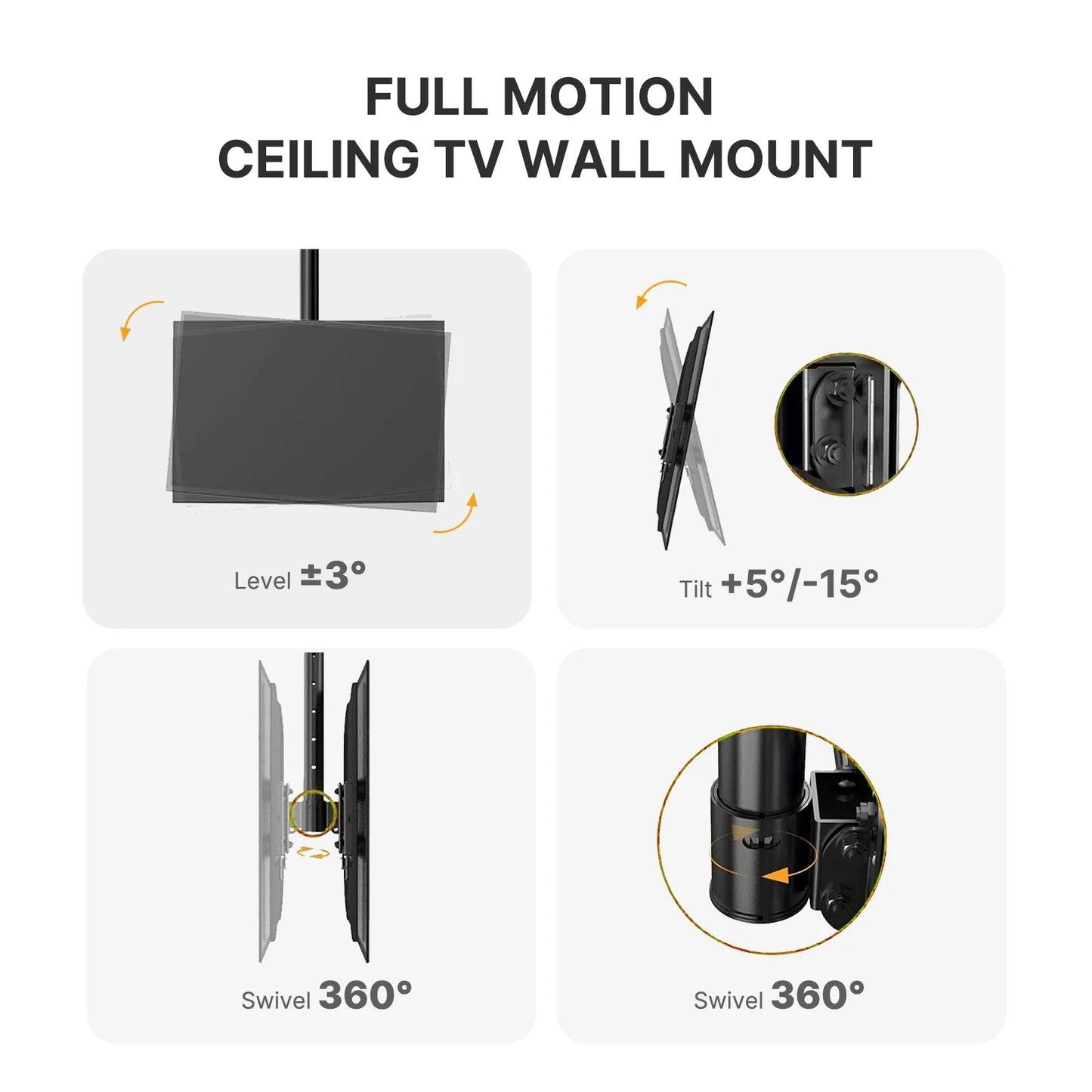 Full Motion Ceiling Mount TV Bracket for 26"-65" Flat TV, Holds up to 110 lbs, Mounting Holes 100x100mm to 400x400mm