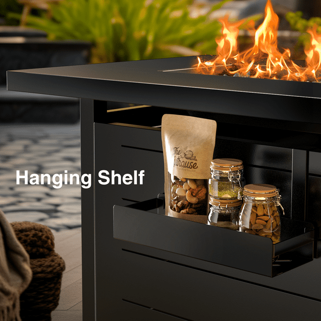 43" Propane Fire Pits for Outside 60,000 BTU Gas Fire Pit Table for Outside with Lid , Glass Beads, Cup Holders, Hanging Shelf & Nylon Cover, Rectangle