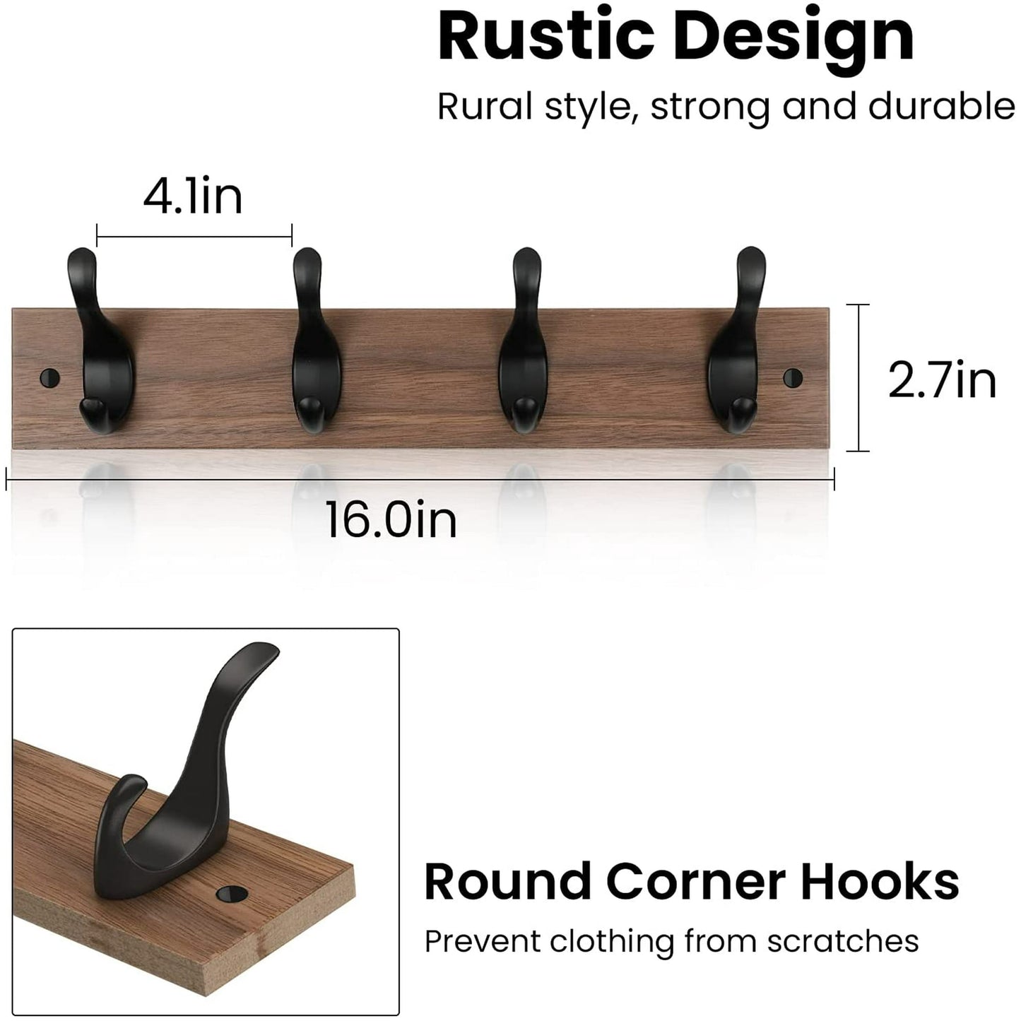 2 Packs 16" Wall Mount Wooden Rustic Hook Rack Coat Rack Hook Board with 4 Metal Hooks for Wall Organizer,Brown