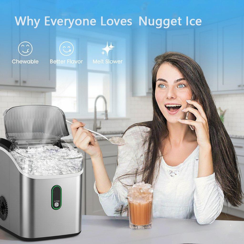Philergo Nugget Ice Maker Countertop, 35lbs/Per Day, Self-Cleaning Sonic Ice Maker with Ice Scoop and Basket, Portable Chewable Pellet Ice for Home/Party/RV/Camping, Stainless Steels