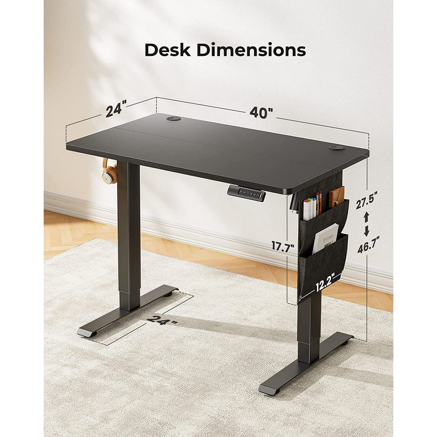 CHITOOMA 40" x 24" Electric Standing Desk, Adjustable Height Sit to Stand Desk with 4 Memory Pre-Set, Storage Bag, Headphone Hook for Home Office, Black