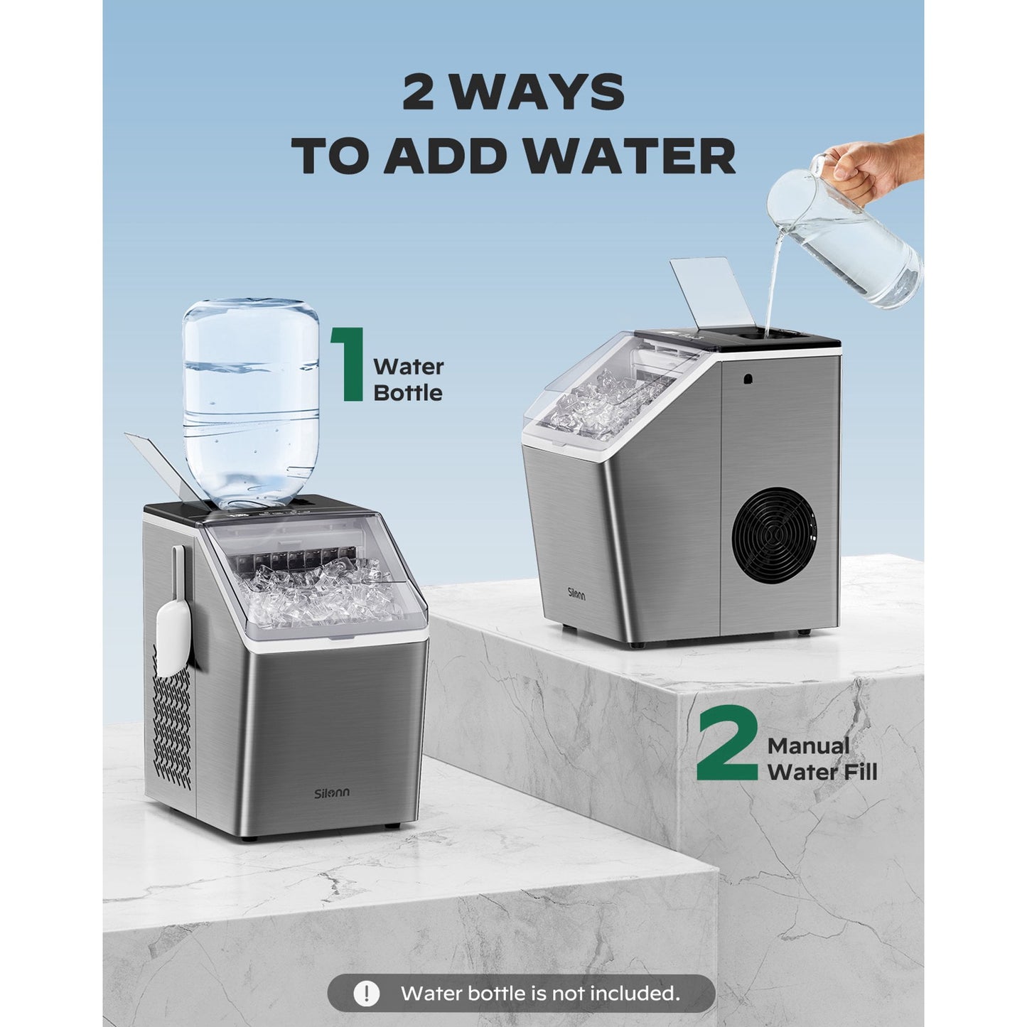 Philergo Ice Makers Countertop, 44lbs/24hrs Cubed Ice Machine with 2 Ways to Add Water, Auto Self-Cleaning for Home, Kitchen, Party, 24 Cubes Ready in 13 Mins, Stainless Steel