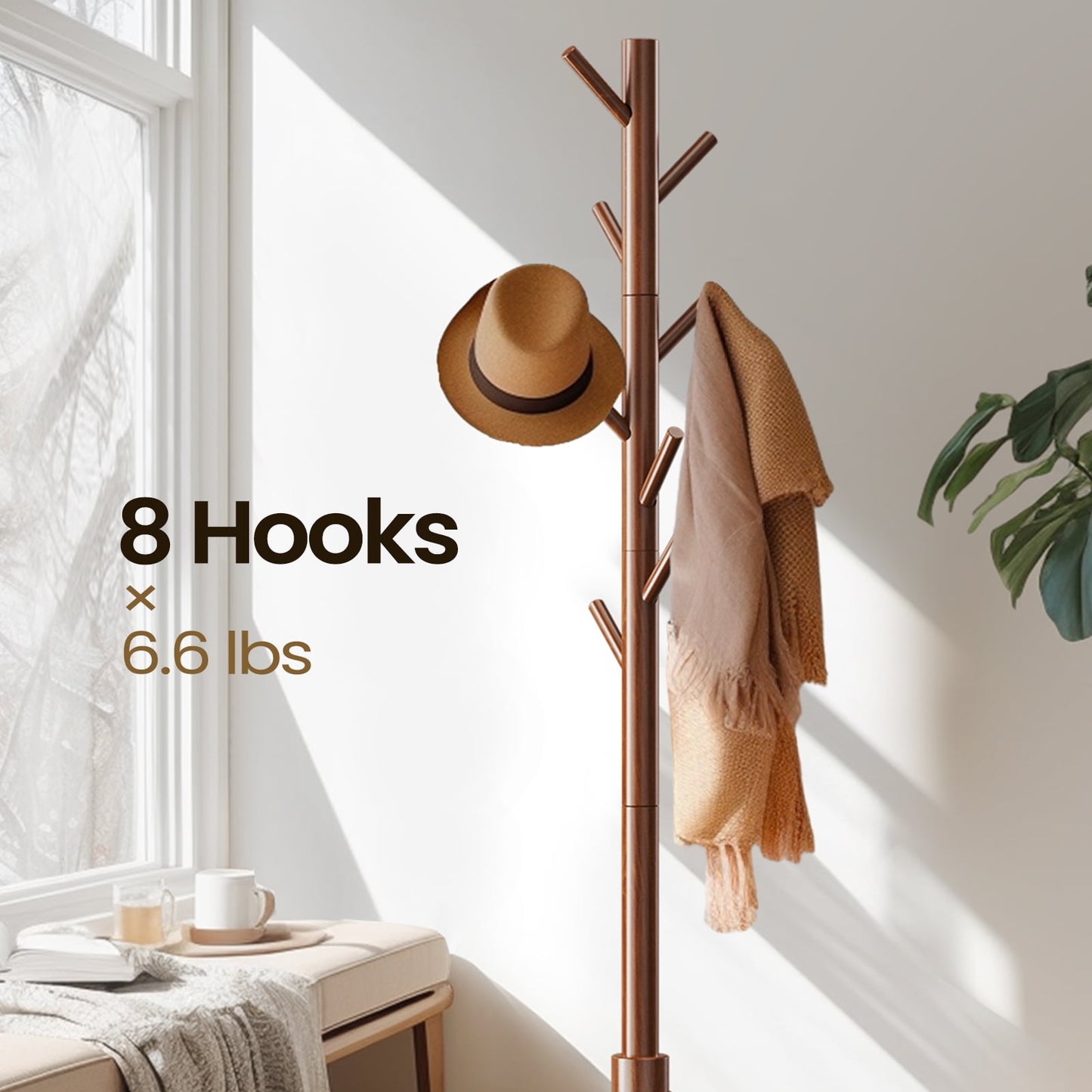Coat Rack Stand, Coat and Hat Hanger Freestanding Standtree, 8 Hook and 3 Adjustable Heights Coat Tree, Home, Office, Entryway, Hallway