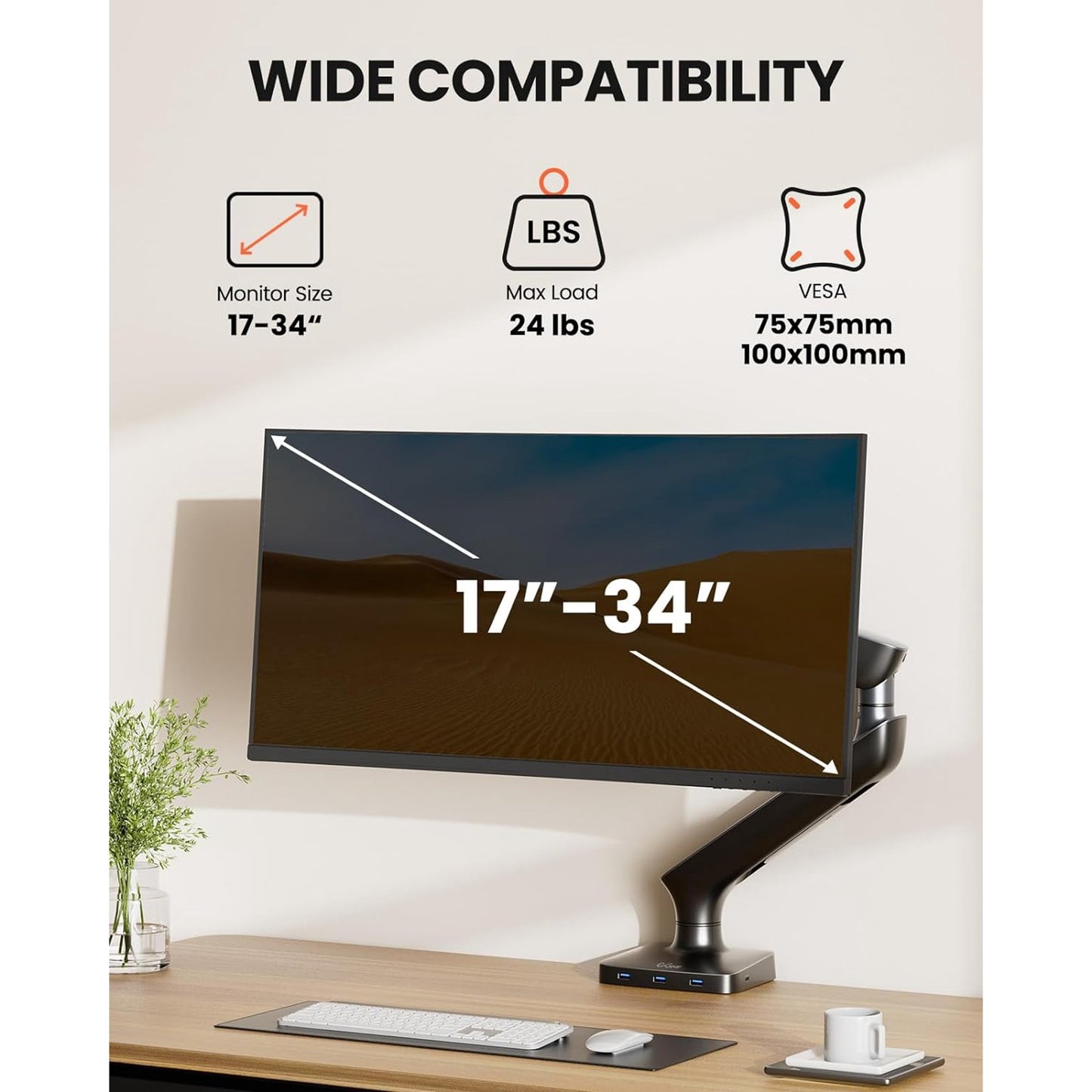 Swivel Ultrawide Curved Monitor Arm - Upgraded Sturdy Desk Mount with USB Hub, Vesa Mount Holds up to 24 lbs