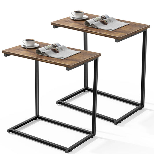 C Shaped Metal Sofa Side End Table Side Table TV Tray Table for Sofa,Couch Table,Bedroom,Set of 2 (Rustic Brown)