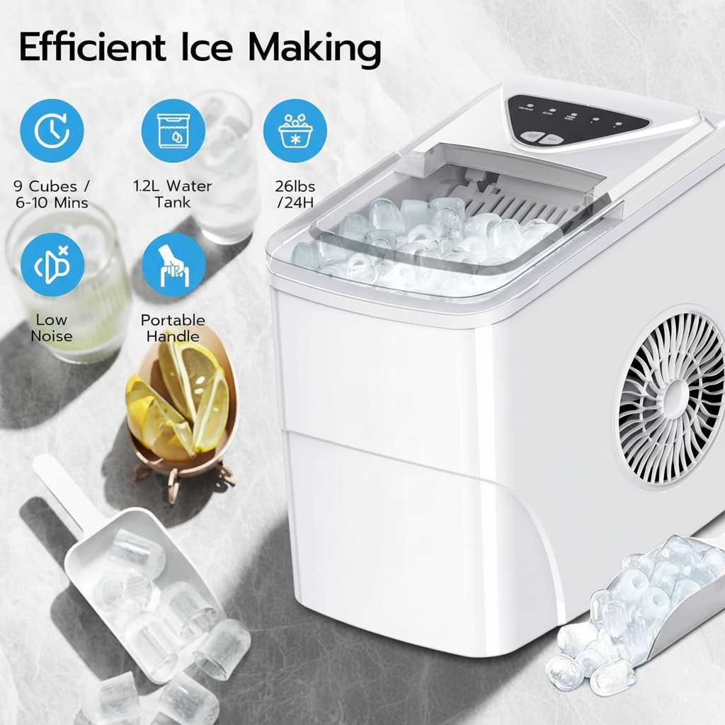 Philergo Ice Maker Countertop, 26lbs/Per Day, 9 Bullet Ice Cubes in 6 Mins, Self-Cleaning Ice Maker with Ice Scoop, Basket,2 Sizes of Bullet Shaped Ice for Home/Office/Kitchen,White