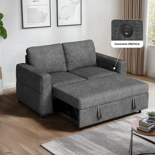 CHITOOMA 60'' Linen Pull Out Sofa Bed Convertible Sleeper Couch with Charging Port, Upholstered Sectional Sofa with 2 Pillows, Reclining Sofas for Living Room, Gray