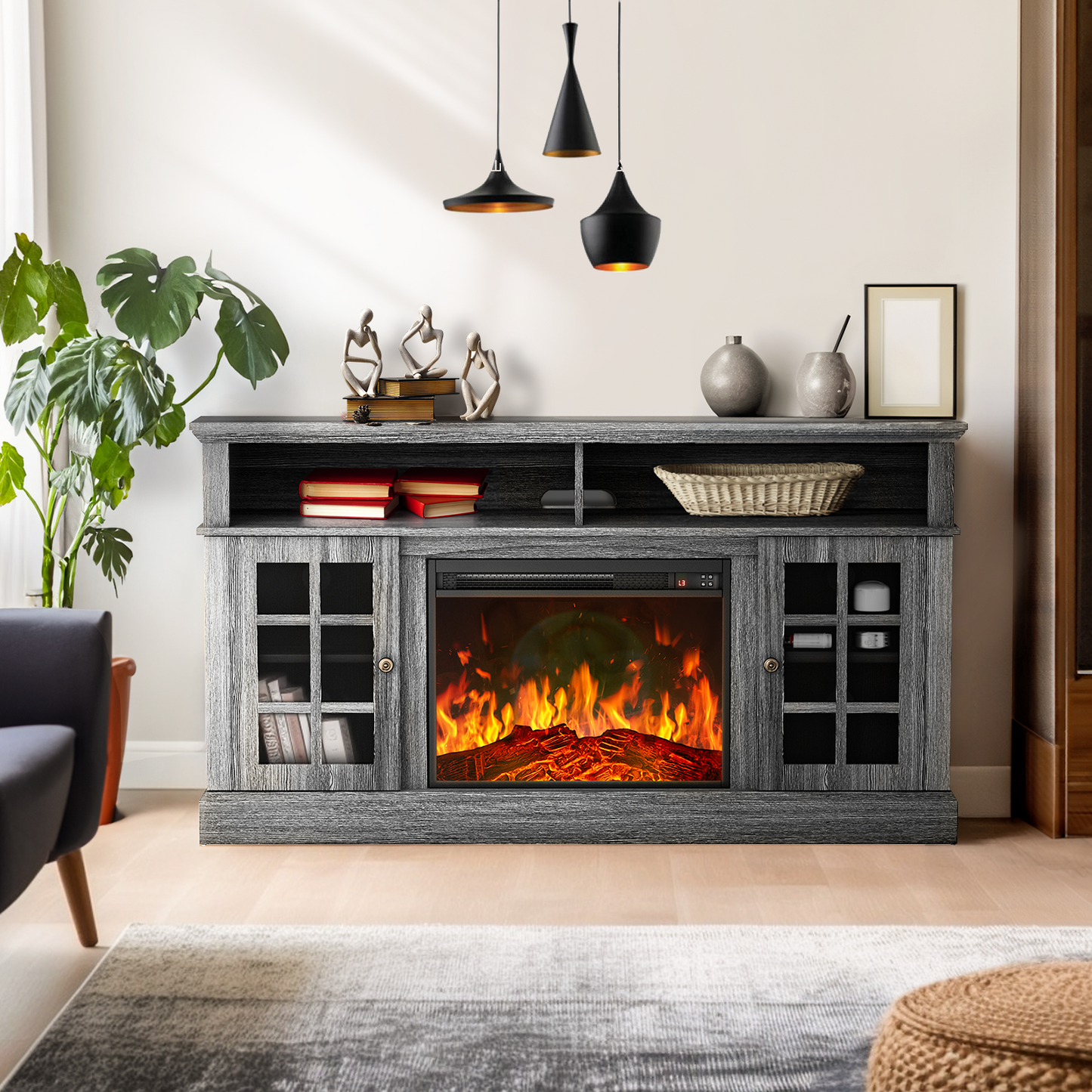 Electric Fireplace TV Stand for 65″ TVs with remote control Fireplace Entertainment Center TV Console Table with 23″ Fireplace, Holds up to 200 lbs