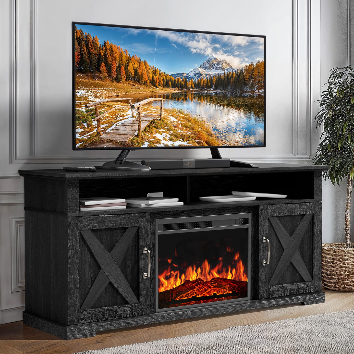 Electric Fireplace TV Stand for TVs up to 65", Farmhouse Entertainment Center with Fireplace, Black
