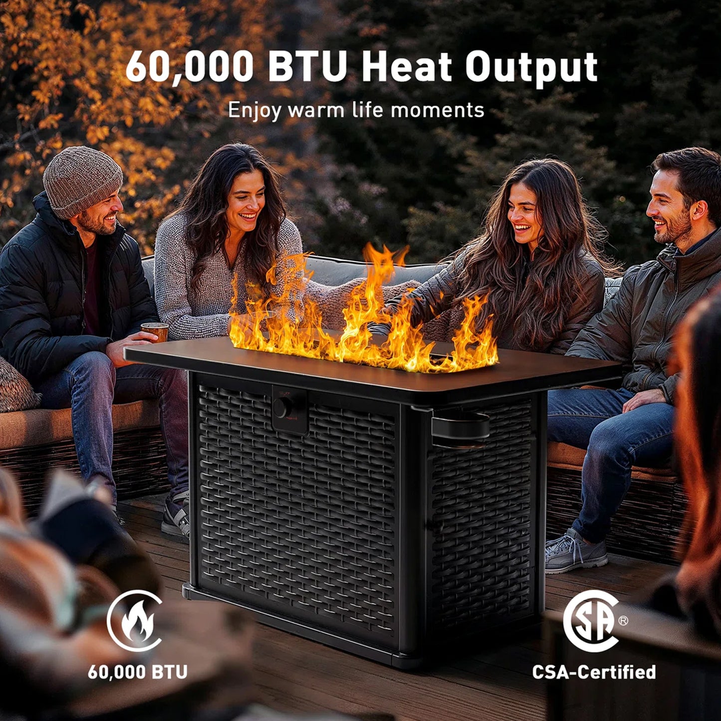 43" Propane Fire Pit Table - 60,000 BTU Gas Fire Pit with 2 Cup Holders, Waterproof Cover & Lava Rocks for Garden, Deck, Backyard