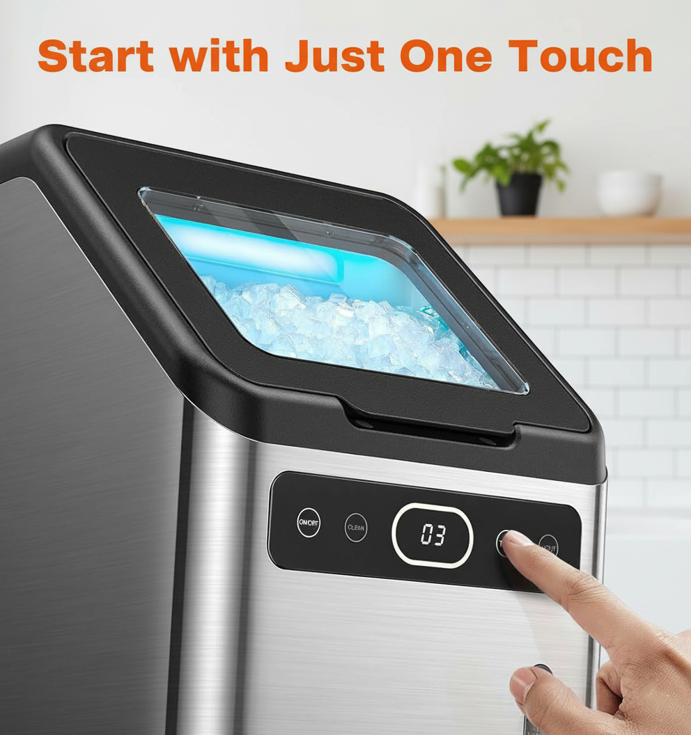 Philergo Nugget Ice Makers Countertop, 44lbs/24H with Self-Cleaning Function and Timer, Ice Maker Machine with Basket/Scoop for Home/Kitchen/Office, Stainless Steel