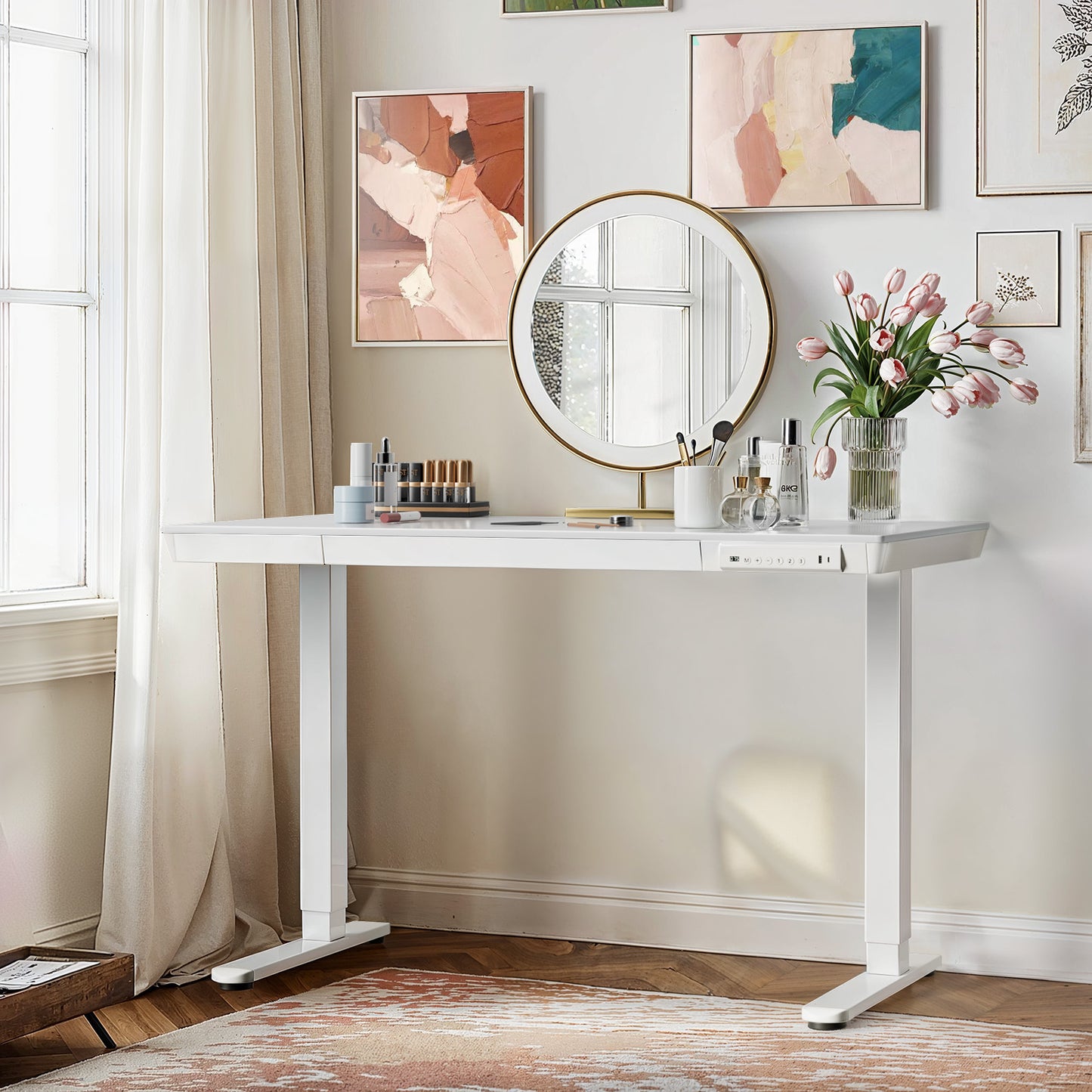 Kyspho 48'' x 24'' Electric Standing Desk with Drawer, Whole Piece Tabletop Height Adjustable Desk with USB Charging Ports, Sit Stand Desk with Storage for Home & Office White