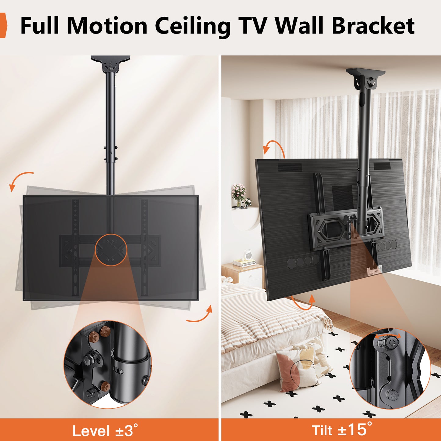 MountFTV Ceiling TV Mount for 26-65 inch TVs,Adjustable Height Full Motion Full Motion TV Mount Bracket, Holds up to 110lbs, Max 400x400mm