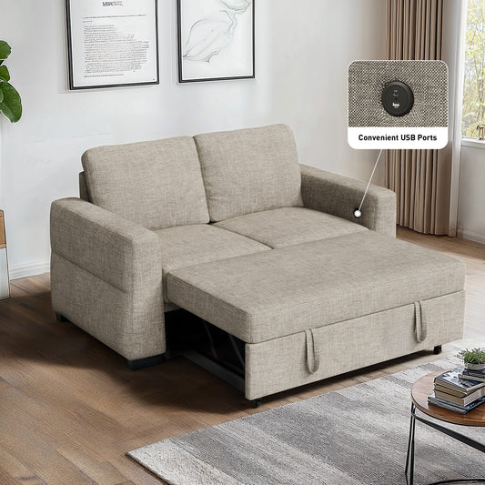 CHITOOMA 60'' Linen Pull Out Sofa Bed Convertible Sleeper Couch with Charging Port, Upholstered Sectional Sofa with 2 Pillows, Reclining Sofas for Living Room, Beige