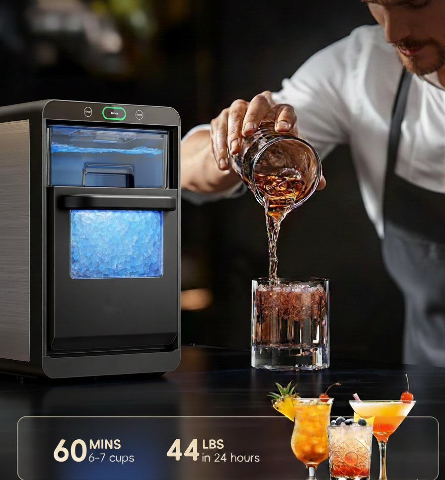 Philergo Nugget Ice Maker Countertop, 44Lbs/24H, Self-Cleaning Pellet Ice Machine with Ice Scoop and Basket, 10-15 Minute Ice Making for Home/Kitchen/Office, Black