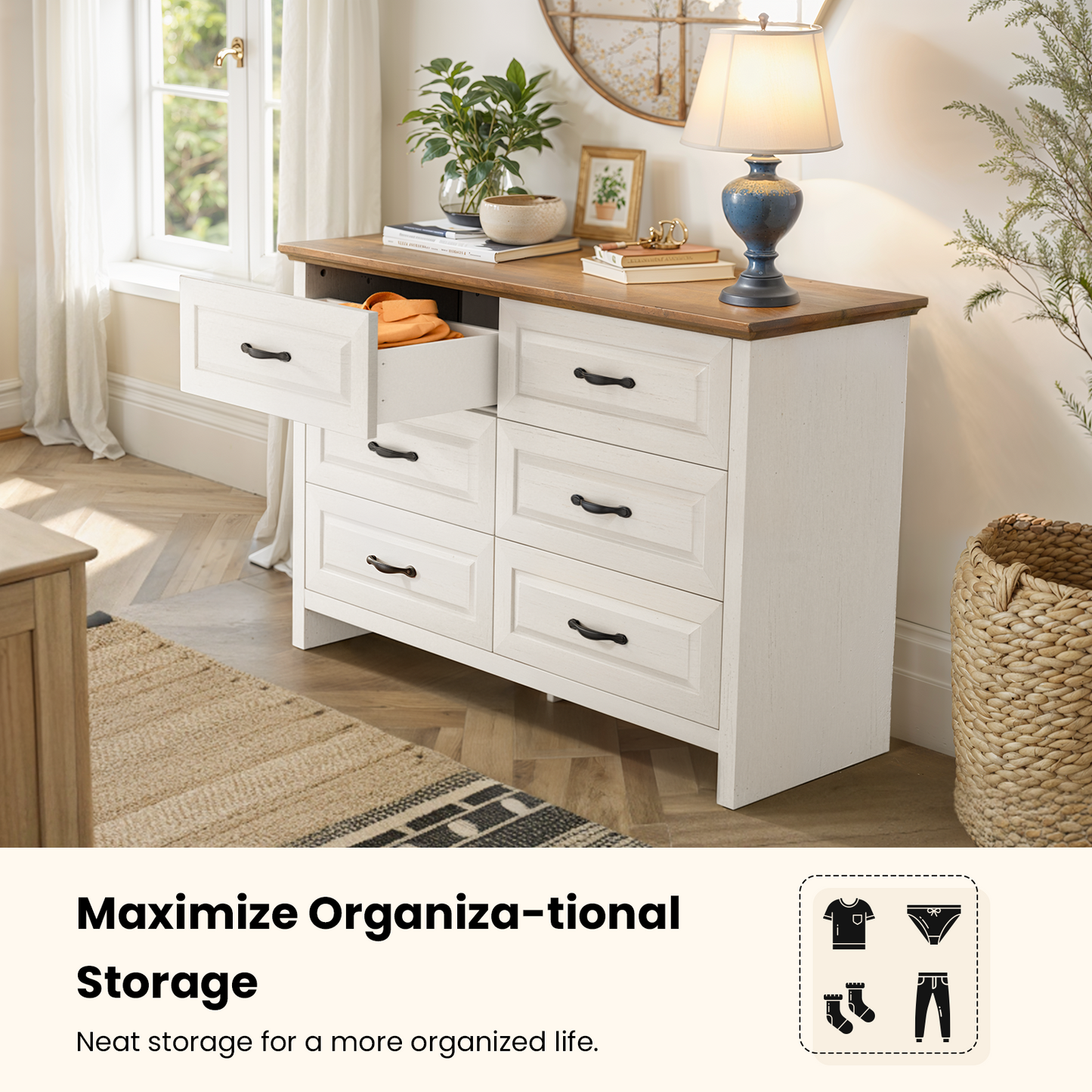 Farmhouse 6 Drawer Dresser for Bedroom, 47.2" Wide Double Dresser with Large Drawers, Wooden Chest of Drawers for Living Room, Hallway, Entryway, Nursery Room, White & Brown