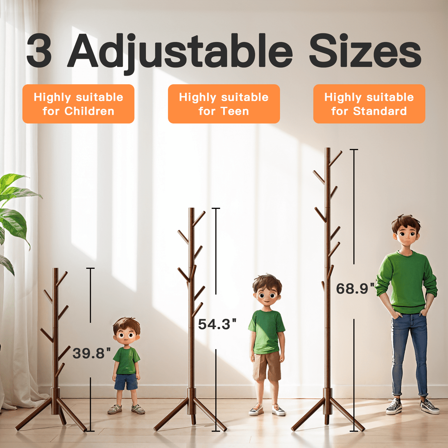 Coat Rack Stand with 3 Height Options and 8 Hooks Wooden Tall Freestanding Coat Rack for Home, Office, Entryway, Hallway