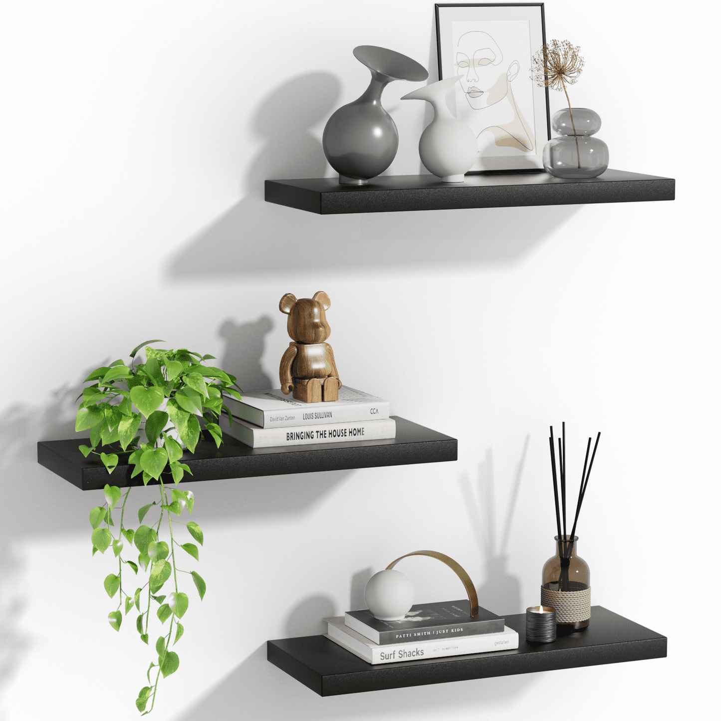 3 Sets 15 x 7" Wall Mounted Floating Shelves, Storage Shelves Perfect for Bedroom, Bathroom, Living Room and Kitchen Storage