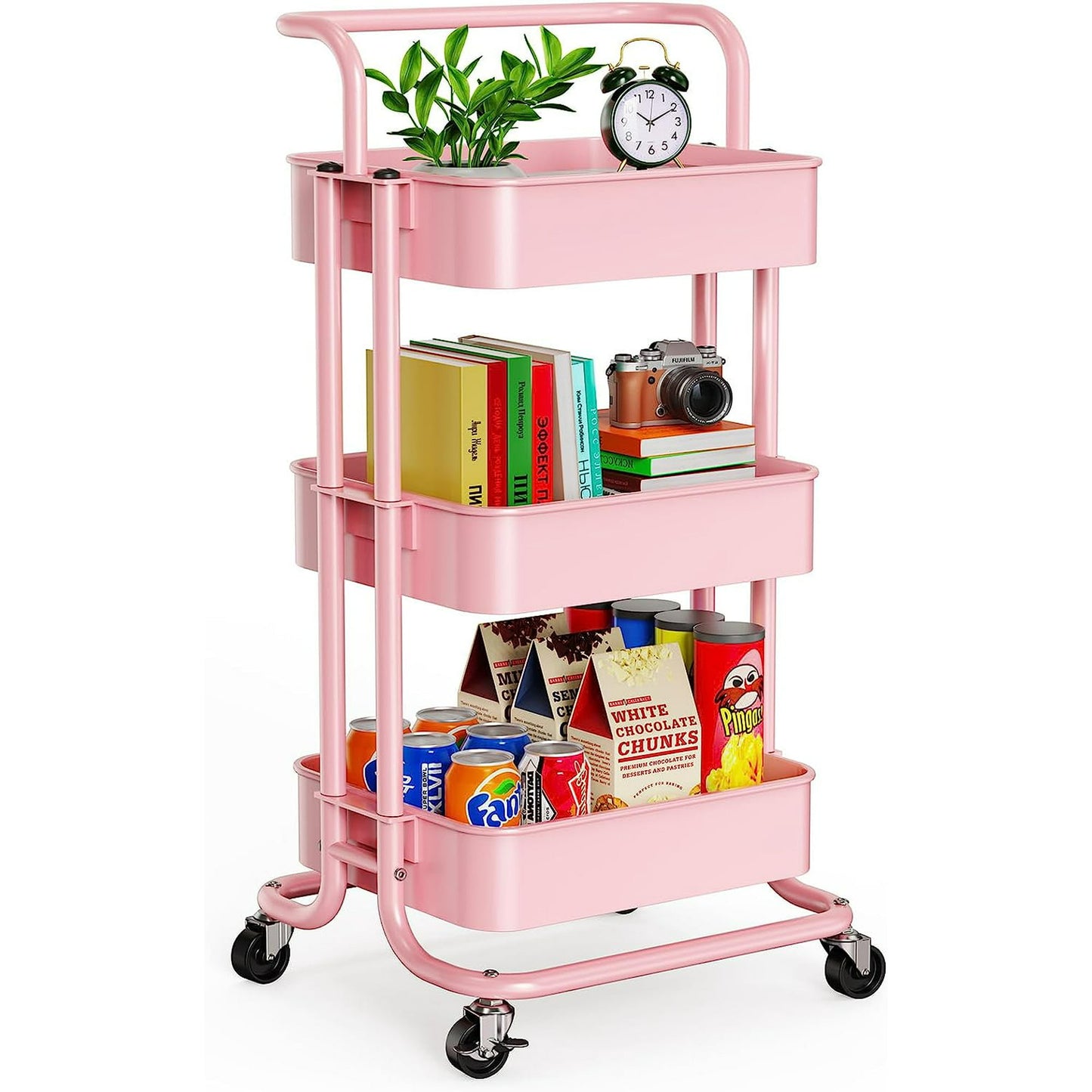 3-Tier Metal Rolling Cart Utility Cart Storage Cart with Lockable Wheels for Kitchen Bathroom Office(Pink)