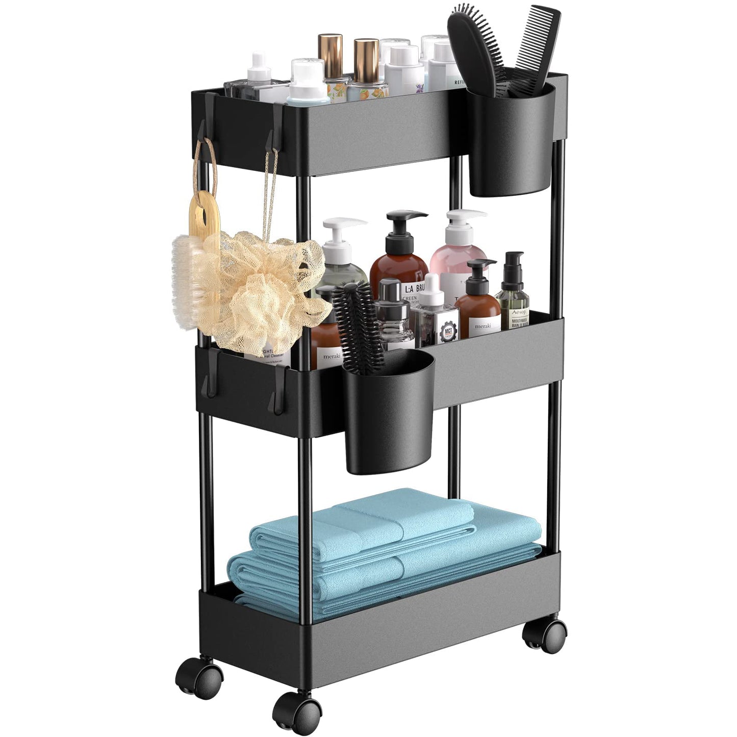 3 Tier Removable Slim Storage Cart with Wheels, Bathroom Cart Organizer Small, Rolling Cart for Bathroom, Kitchen, Narrow Space, Black
