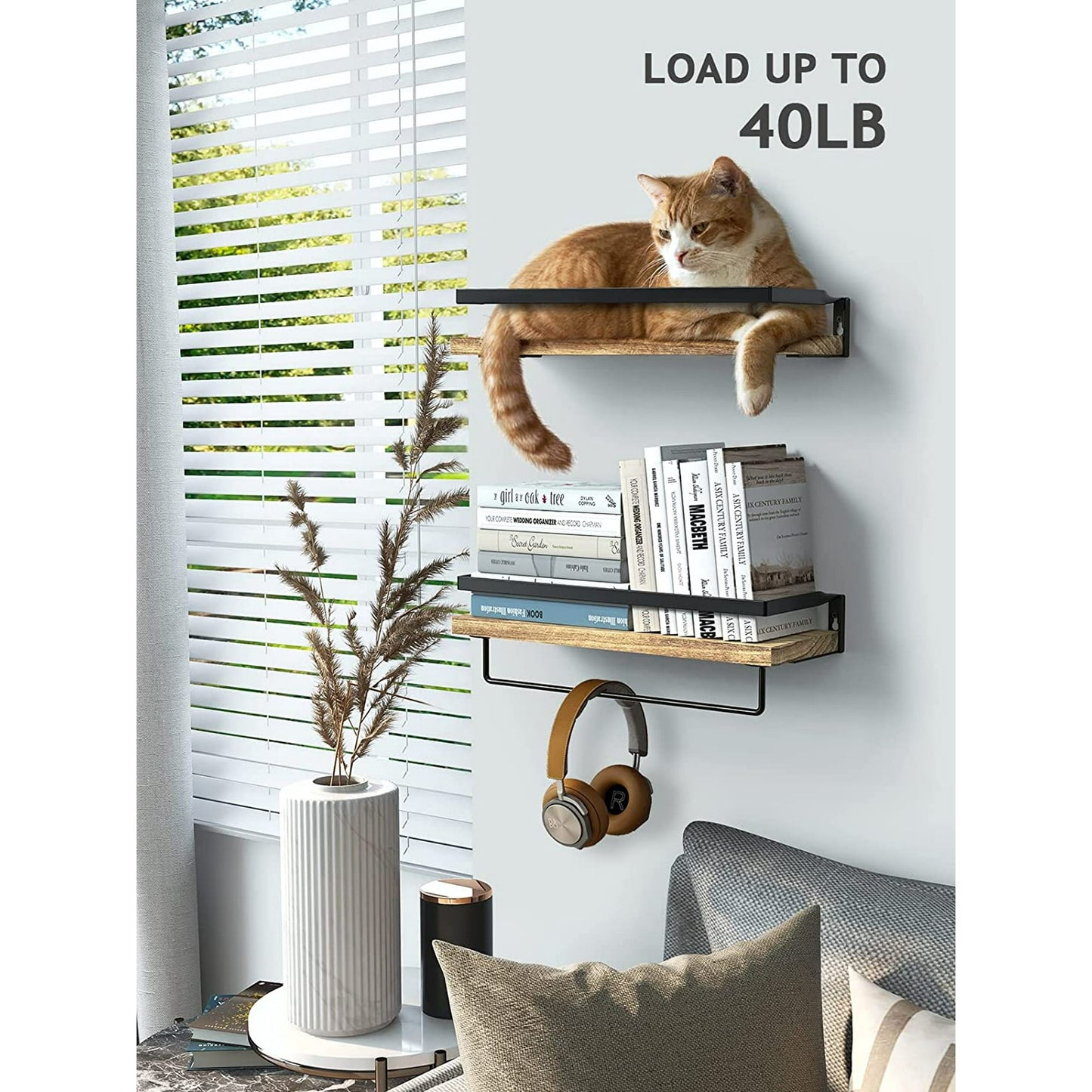 2 Pack Wall Decor Wood Rustic Floating Shelves, Storage Shelves with Towel Bar for Bathroom, Kitchen, Bedroom, Living Room, Brown