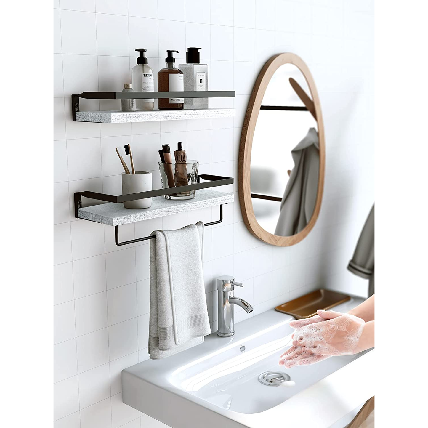 2 Pack Wall Decor Wood Rustic Floating Shelves, Storage Shelves with Towel Bar for Bathroom, Kitchen, Bedroom, Living Room