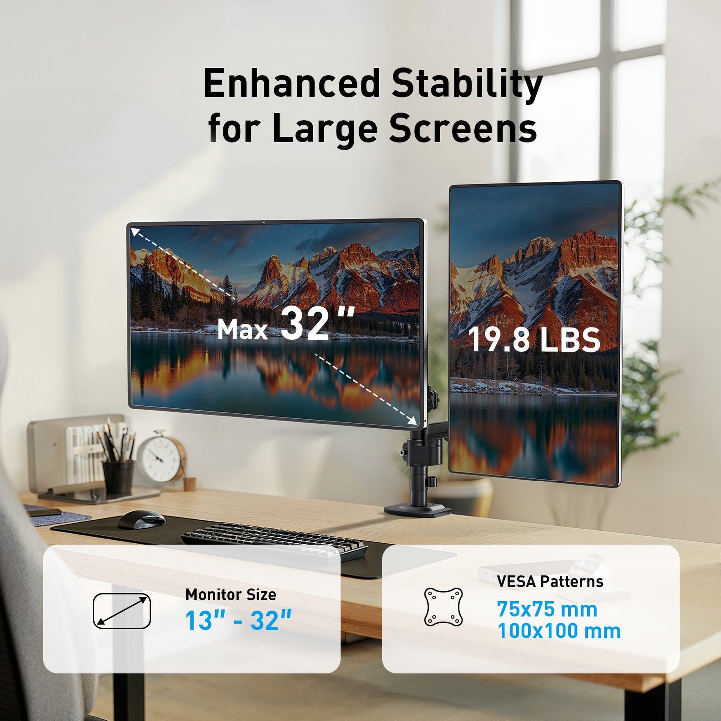 Dual Monitor Mount for 13-32 inch Screens, Adjustable Dual Monitor Arm with 180° Swivel