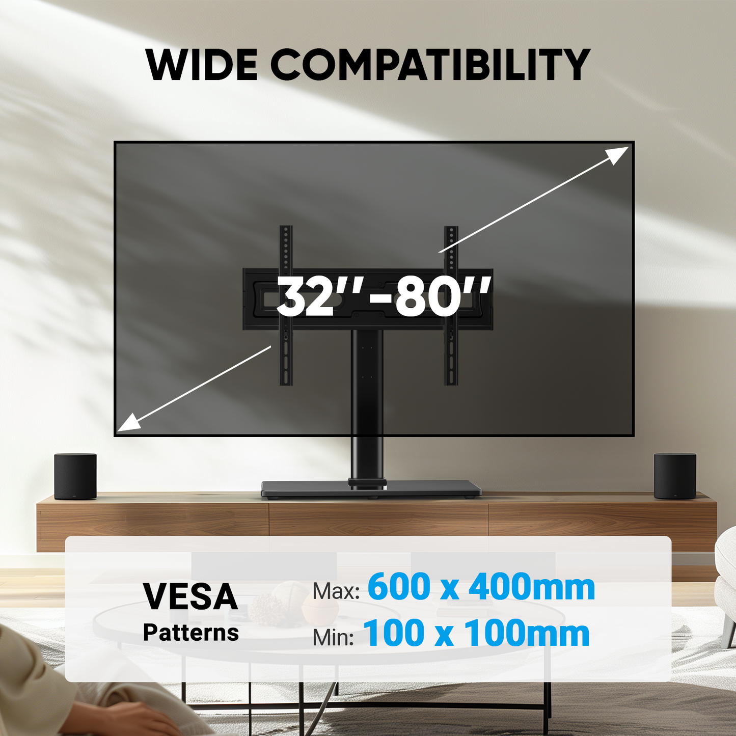 MountFTV Universal Swivel Tabletop TV Stand for 32-80 inch LCD LED TVs, Max 600x400mm, Hold Up to 99 lbs